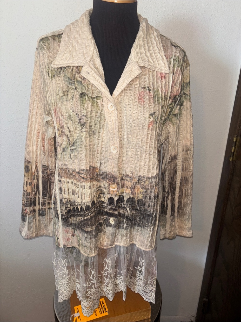 Origami by Vivian Cable Knit Lace Trim Romantic Button Down Sweater size 2X